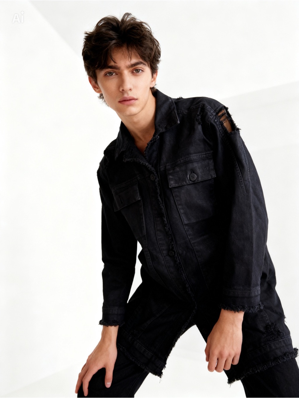 thom/krom Distressed Long Denim Button-Up Jacket/Coat (Style W J 196) unisex